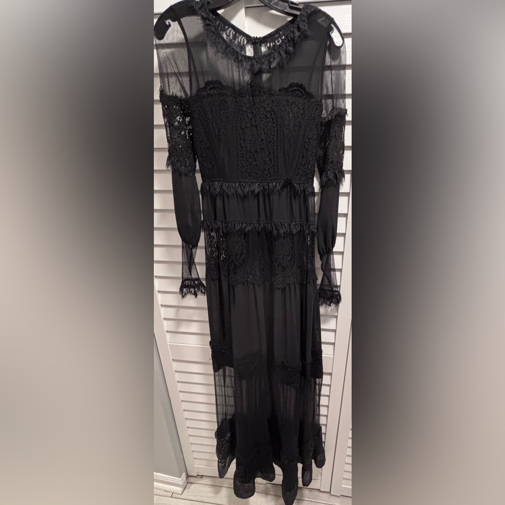 For Love & Lemons Bohemian Long Sleeve Sheer with Lace Maxi Dress Size Small - Picture 2 of 9